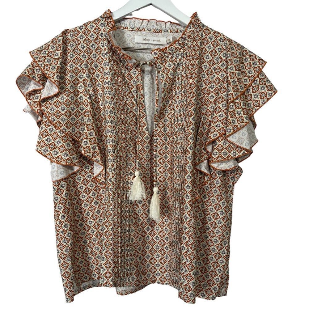 Bishop + Young Cleo Top size Small Mosaic Boho Peasant Tassel Ruffle Blouse